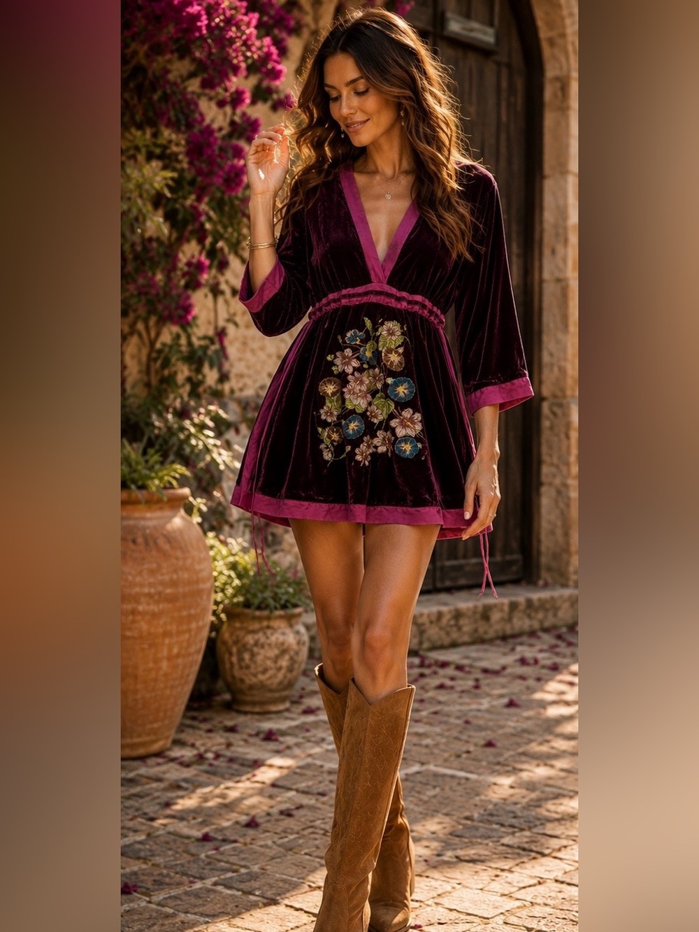 Johnny Was Velvet Embroidered Floral Tunic Top Plum Purple Silk Trim XS